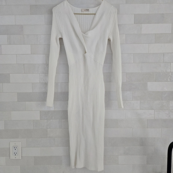 Ramy Brook $425 Pilar Rib-Knit Cutout Twist Bodycon Midi Long Sleeve Dress White - Picture 2 of 8